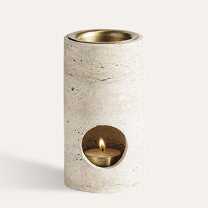 Open image in slideshow, Travertine Stone Oil Burner Sumac Store Gold Brass Champagne
